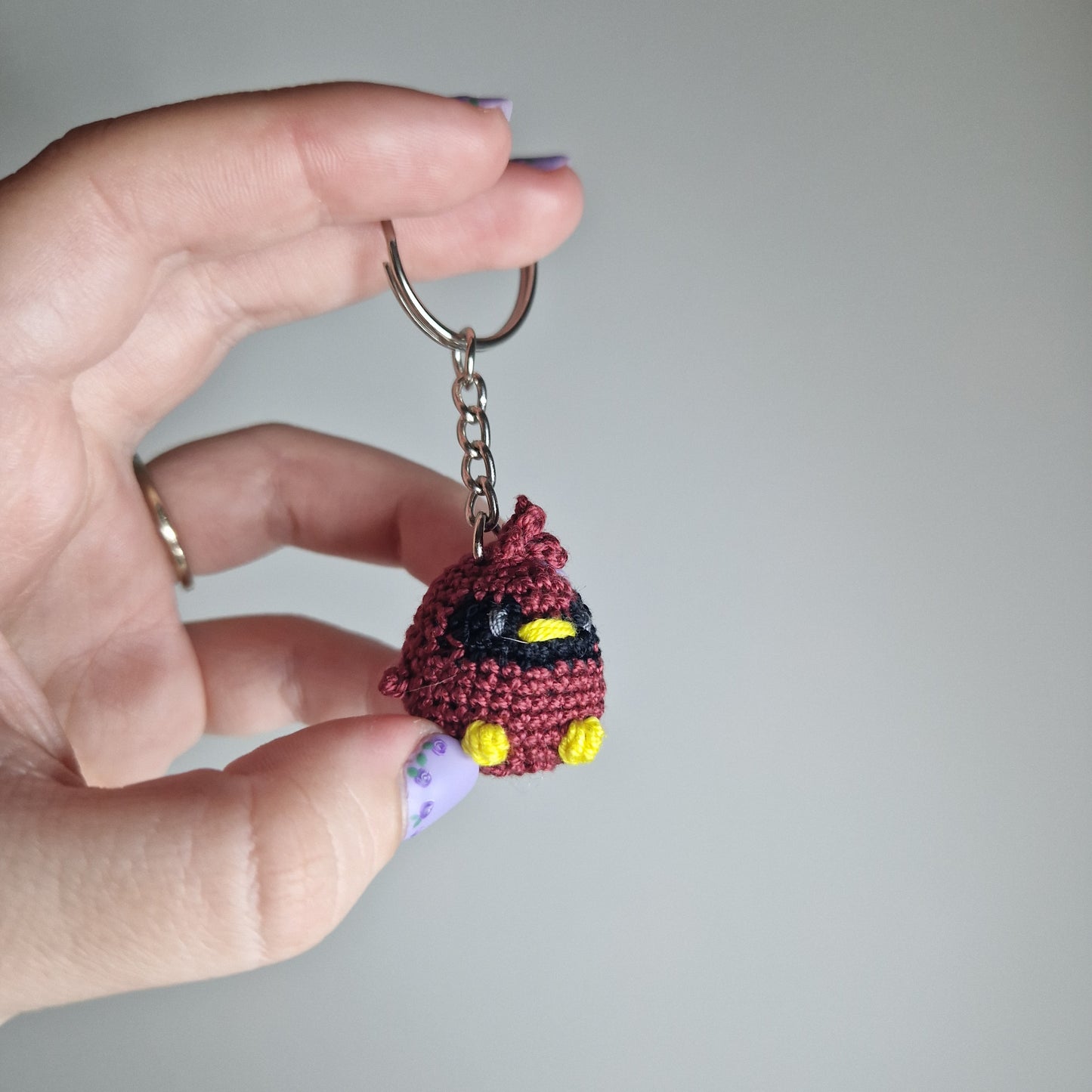 Dark Red Cardinal lace yarn micro crochet keyring