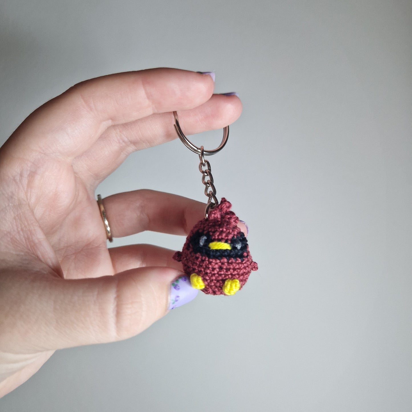 Dark Red Cardinal lace yarn micro crochet keyring