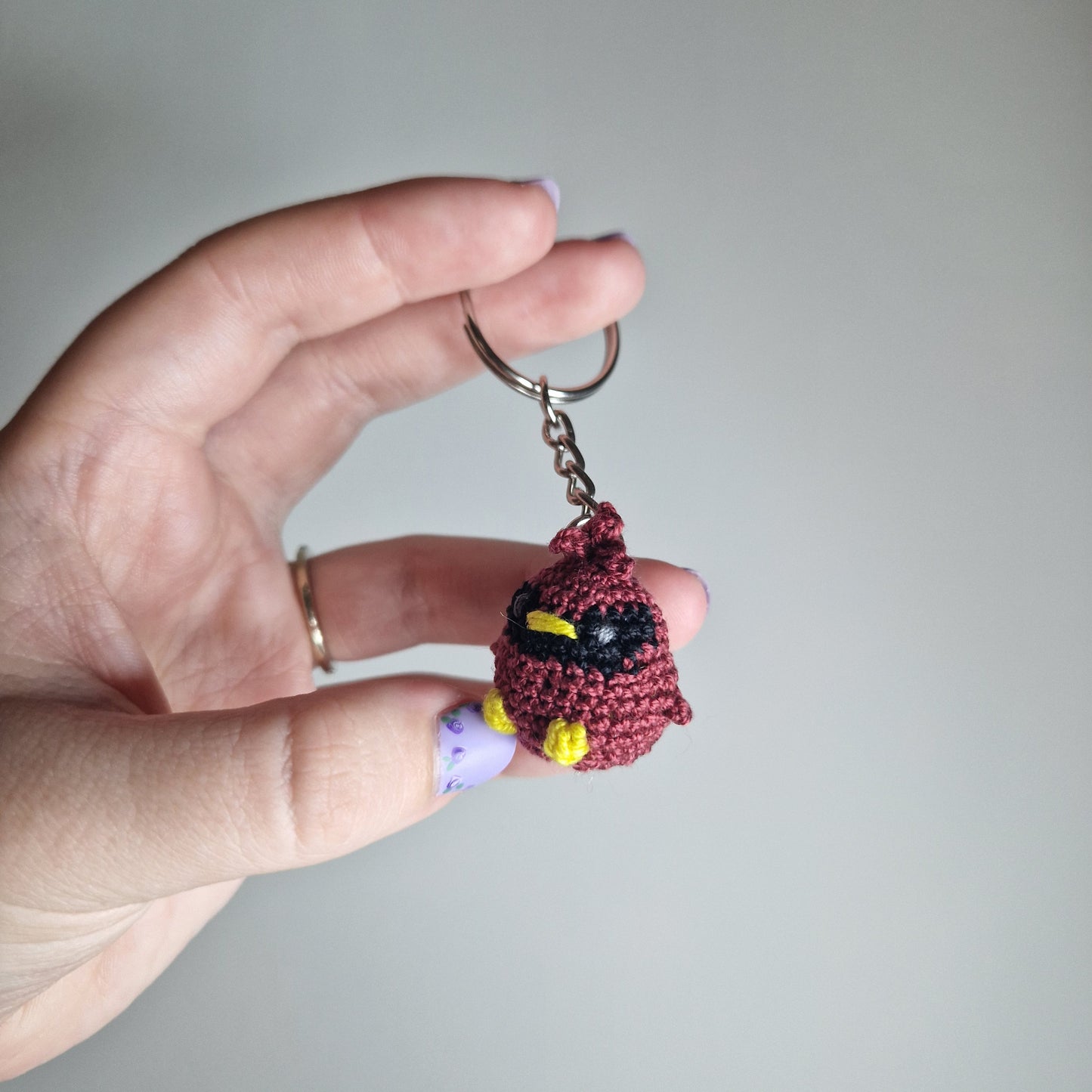Dark Red Cardinal lace yarn micro crochet keyring