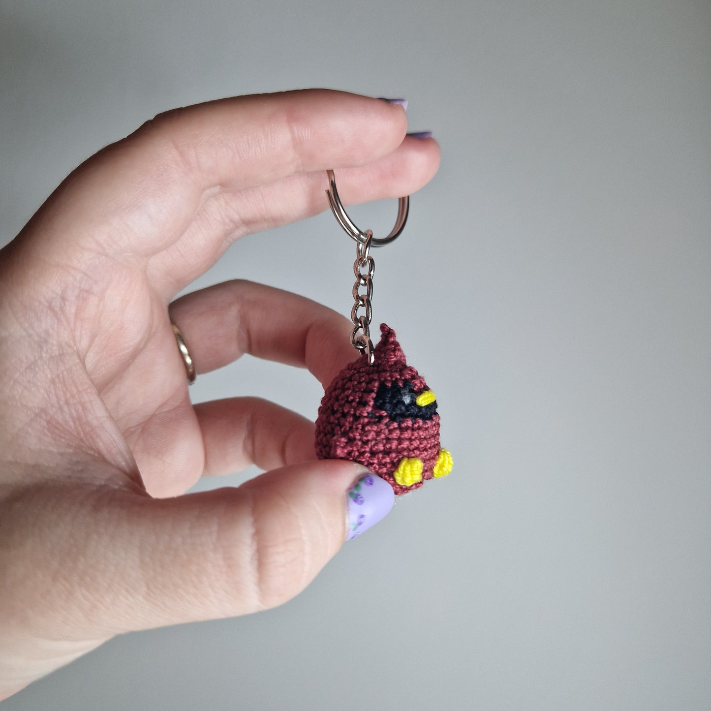 Dark Red Cardinal lace yarn micro crochet keyring