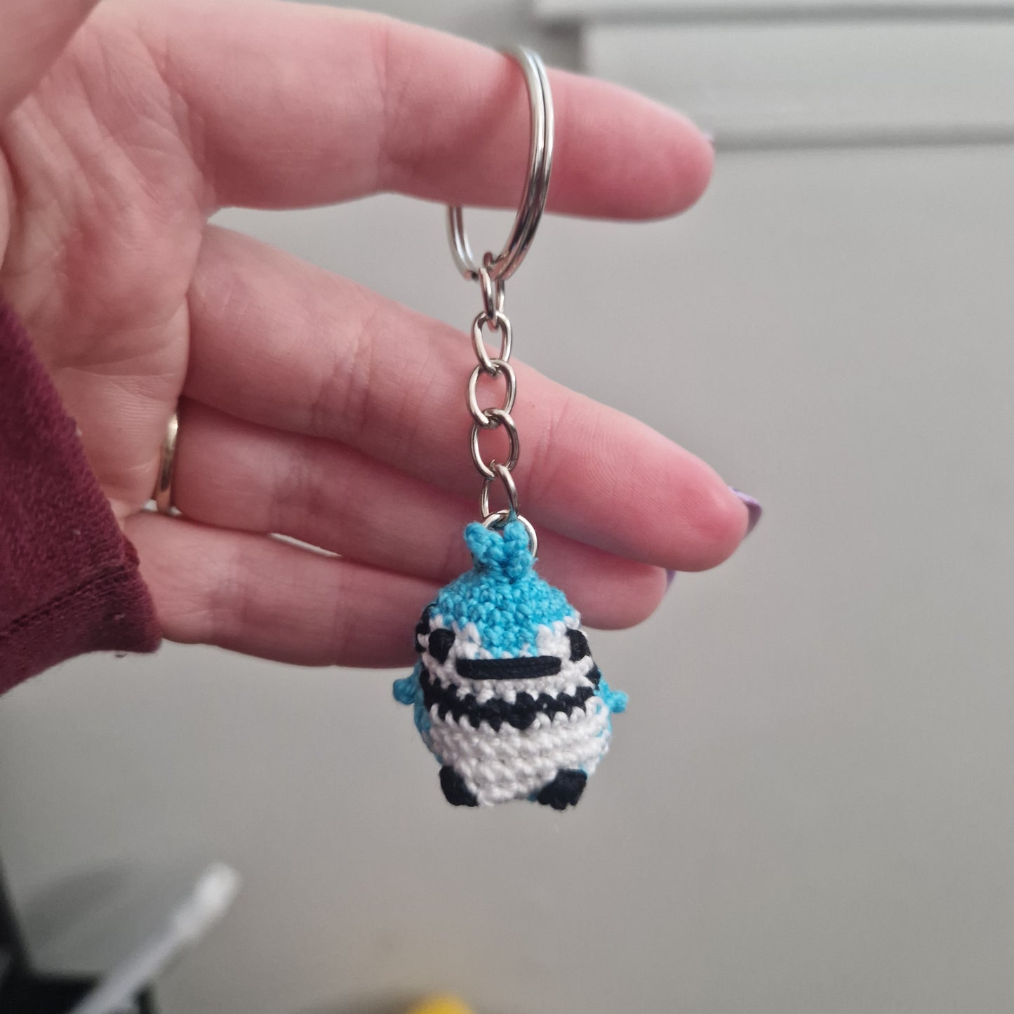 Blue Jay yarn micro crochet keyring
