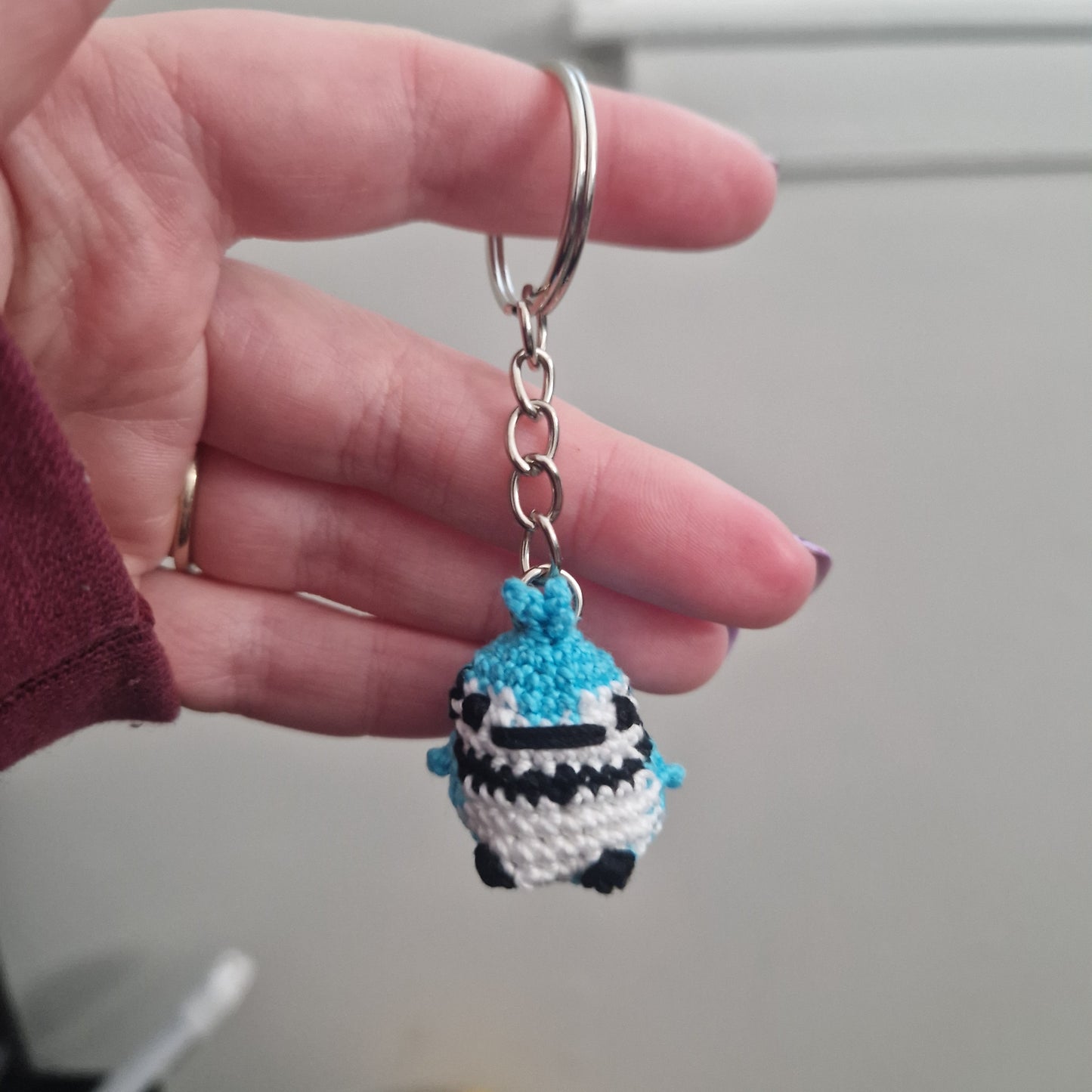 Blue Jay yarn micro crochet keyring