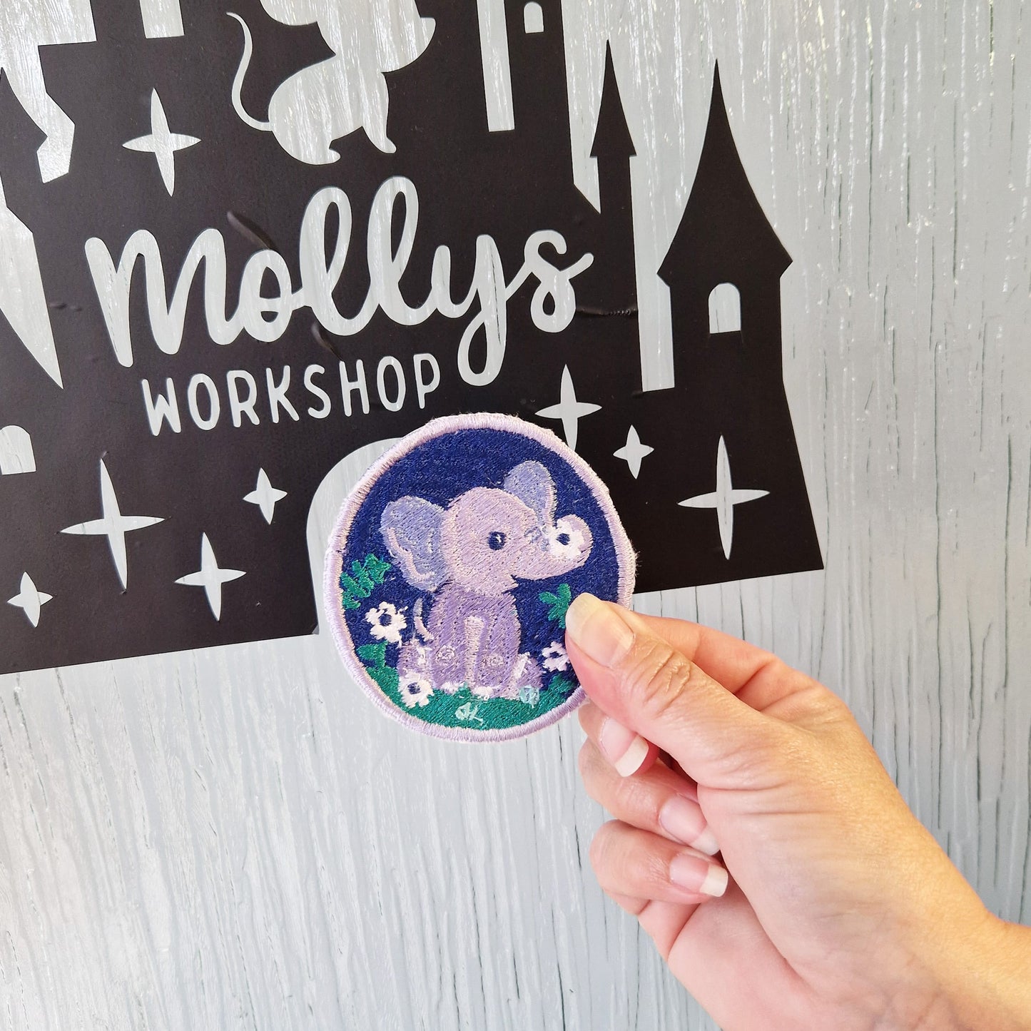 Floral elephant iron-on embroidered patch