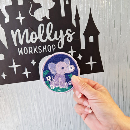 Floral elephant iron-on embroidered patch