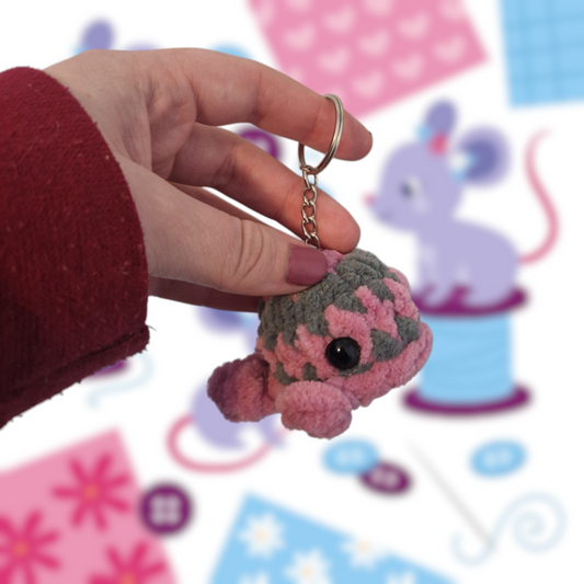 Purple and grey mini whale chenille yarn crochet keyring