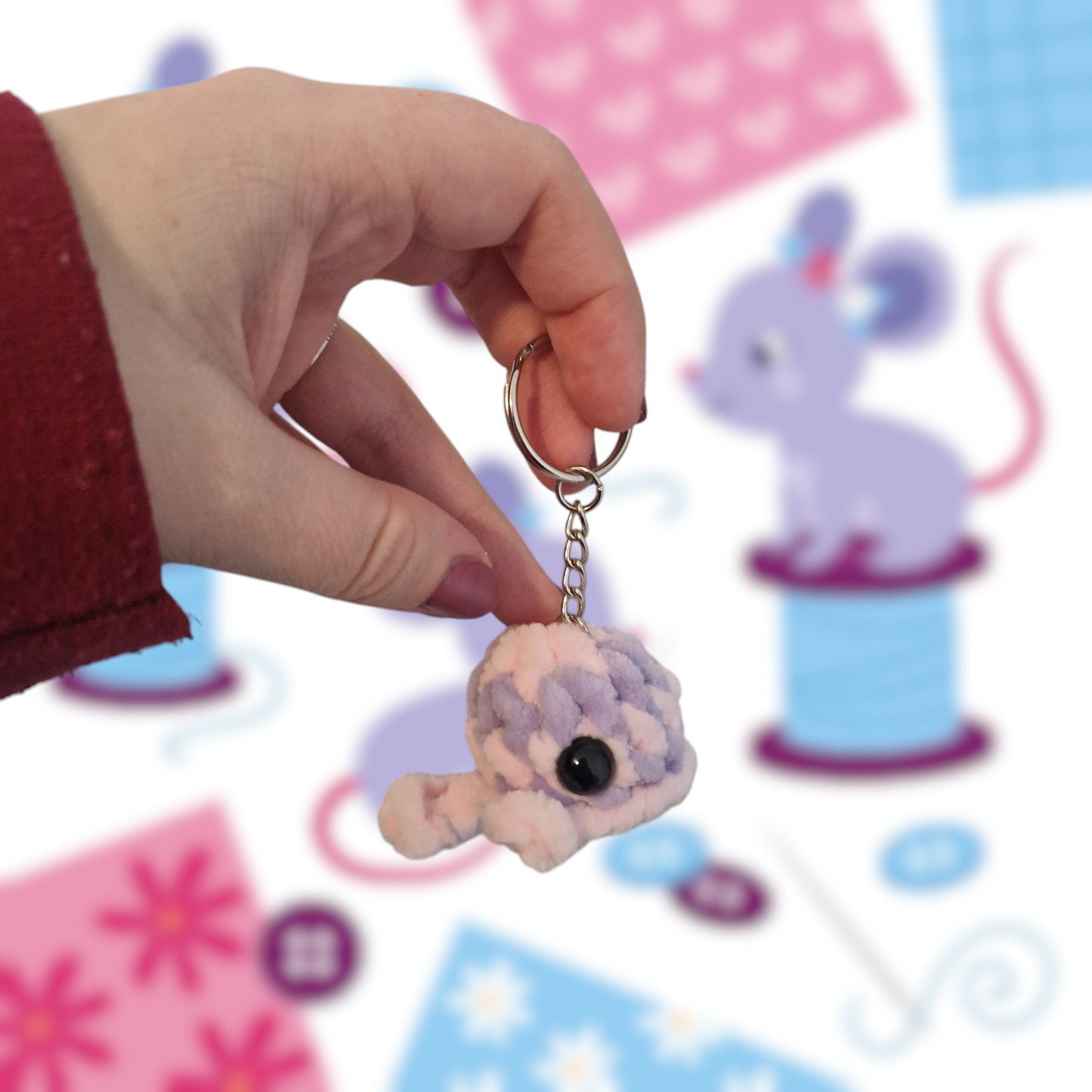 Lilac and pink mini whale chenille yarn crochet keyring