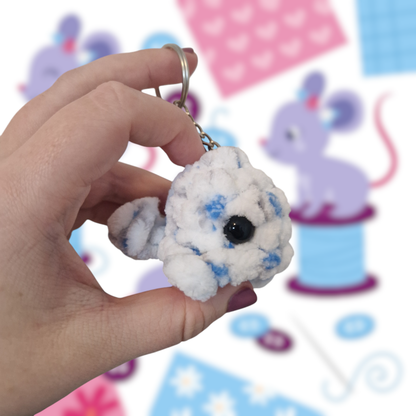 Blue and white floral mini whale chenille yarn crochet keyring