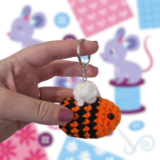 Orange bumble bee yarn crochet keyring
