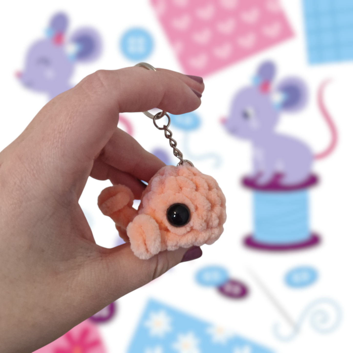 Salmon mini whale chenille yarn crochet keyring