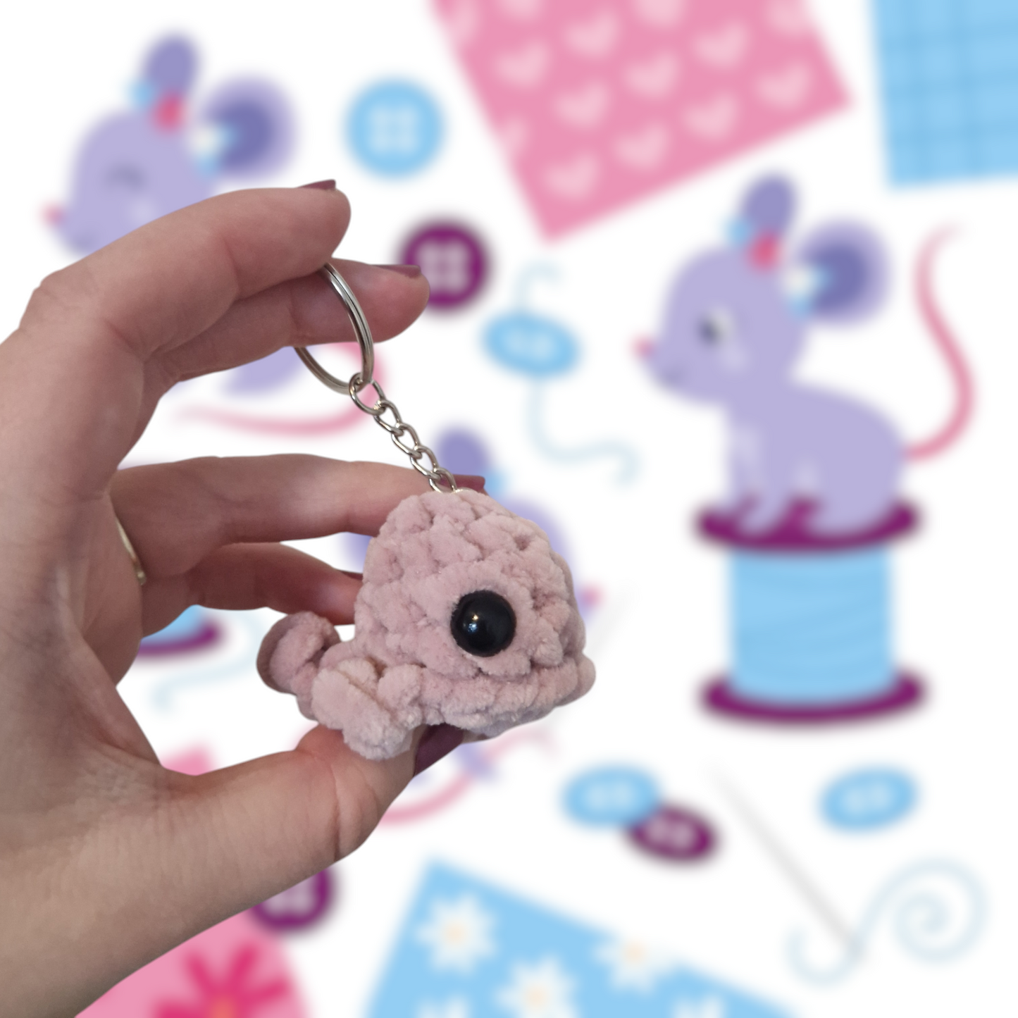 Dusty pink mini whale chenille yarn crochet keyring