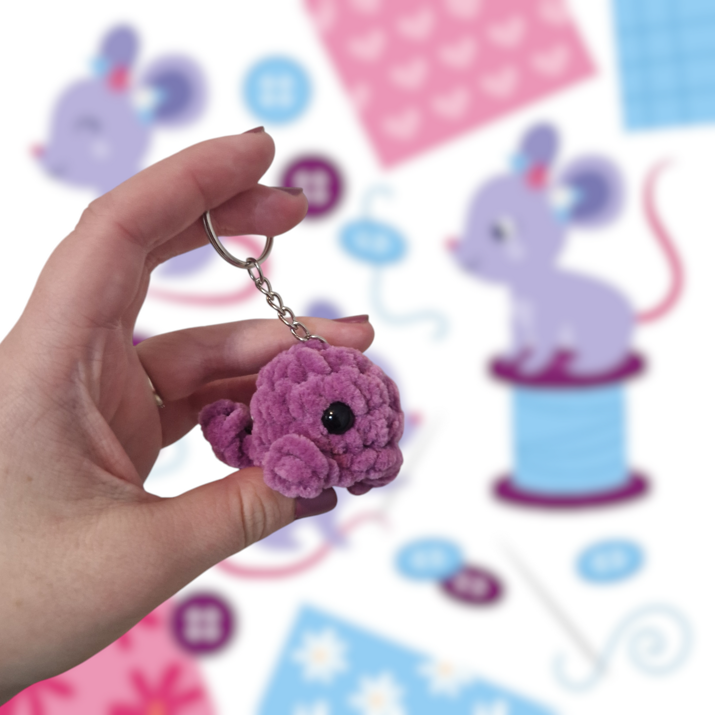 Purple mini whale chenille yarn crochet keyring