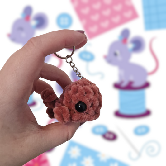 Dusty red mini whale chenille yarn crochet keyring