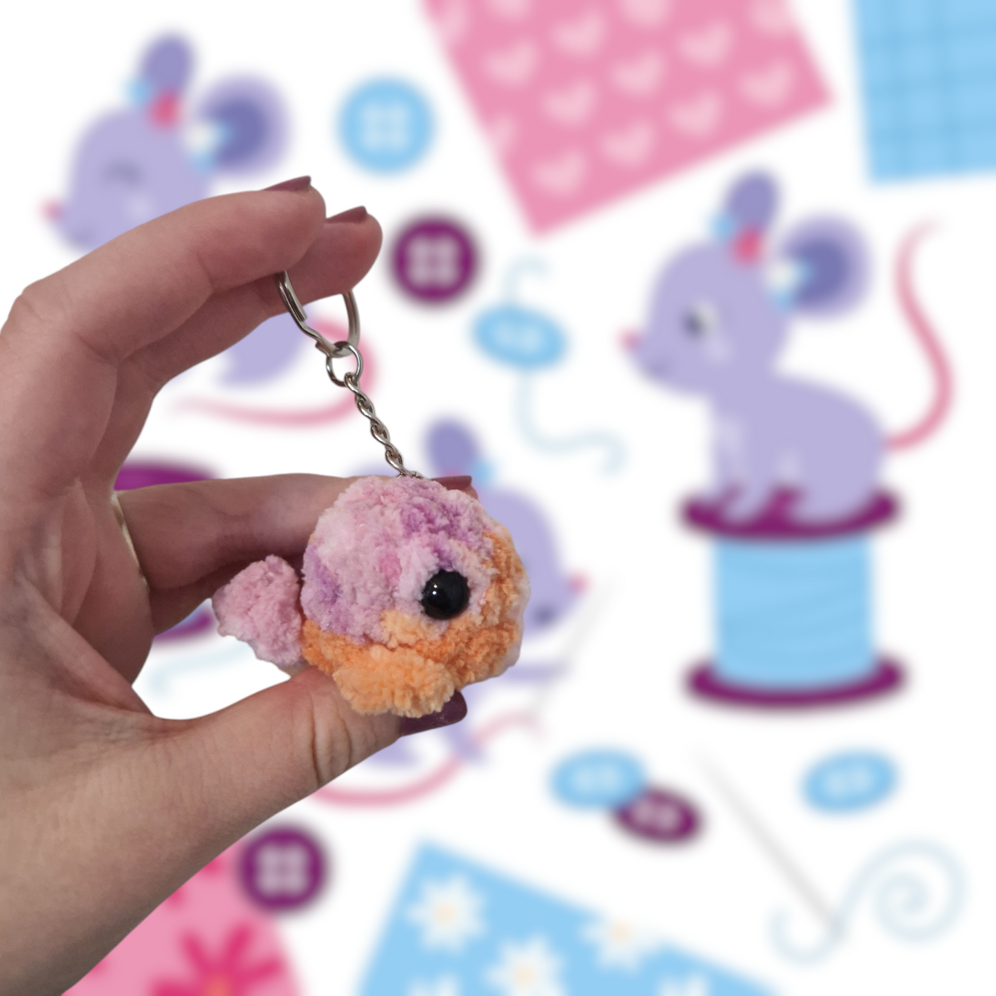 Pink sunset mini whale chenille yarn crochet keyring