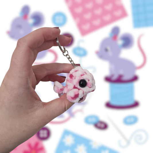 Pink and white mini whale chenille yarn crochet keyring