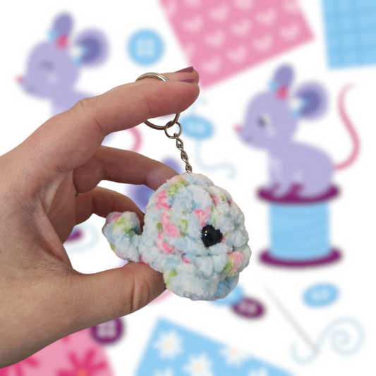 Blue floral mini whale chenille yarn crochet keyring