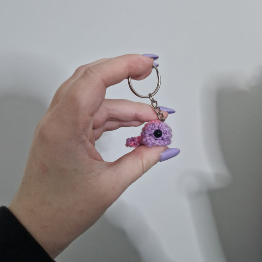 Pink and purple multicoloured mini whale acrylic yarn crochet keyring