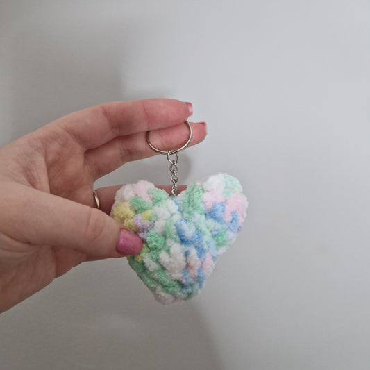 Pastel rainbow heart chenille yarn crochet keyring