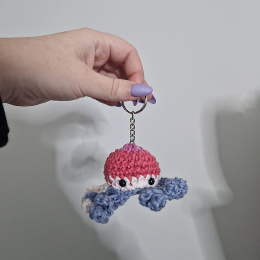 Blue, red and white multicoloured octopus acrylic yarn crochet keyring