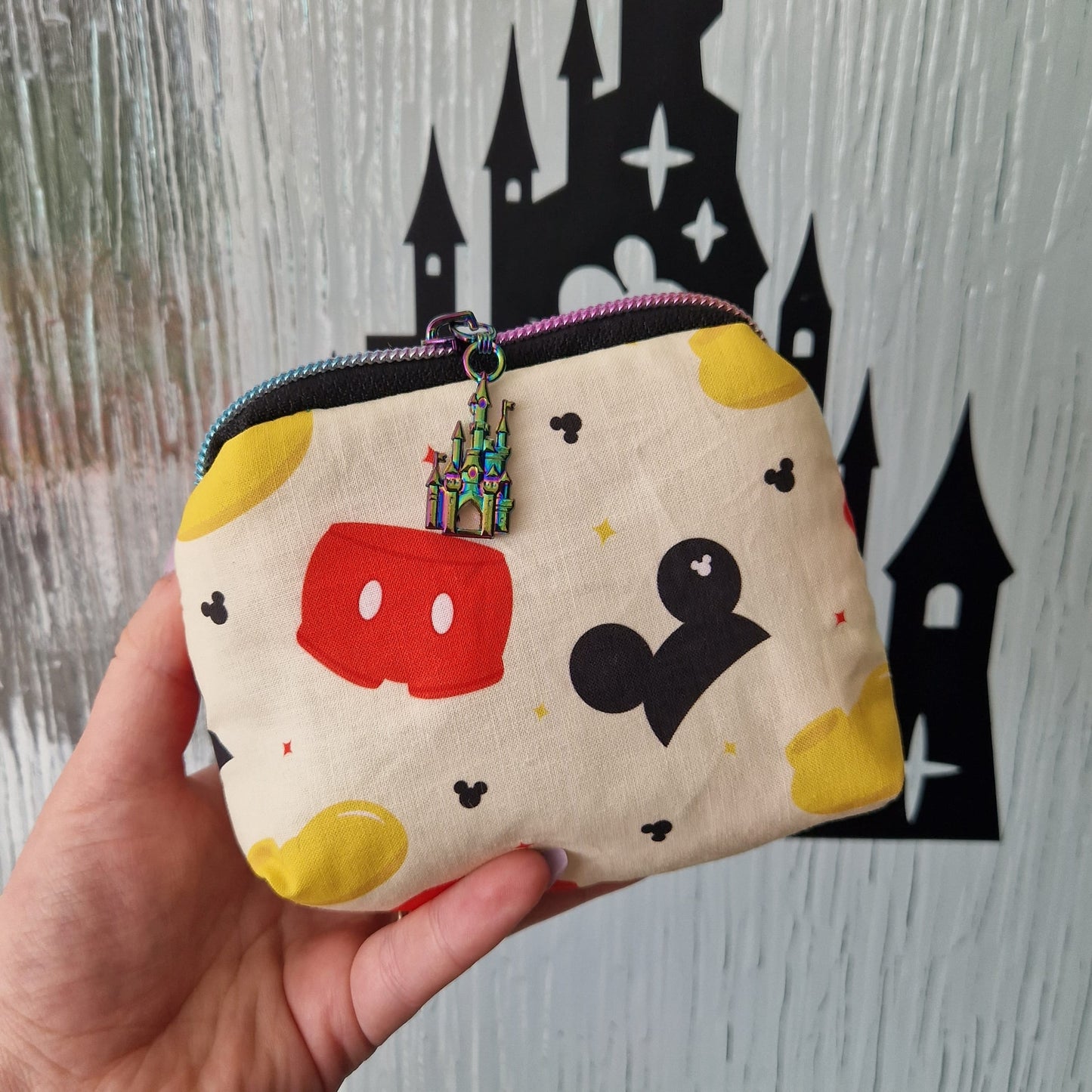Oh Boy Mouse mini triangle shaped pouch cosmetic bag with castle zipper pull