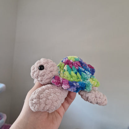 Green, pink, blue variegated sea turtle small crochet plushie