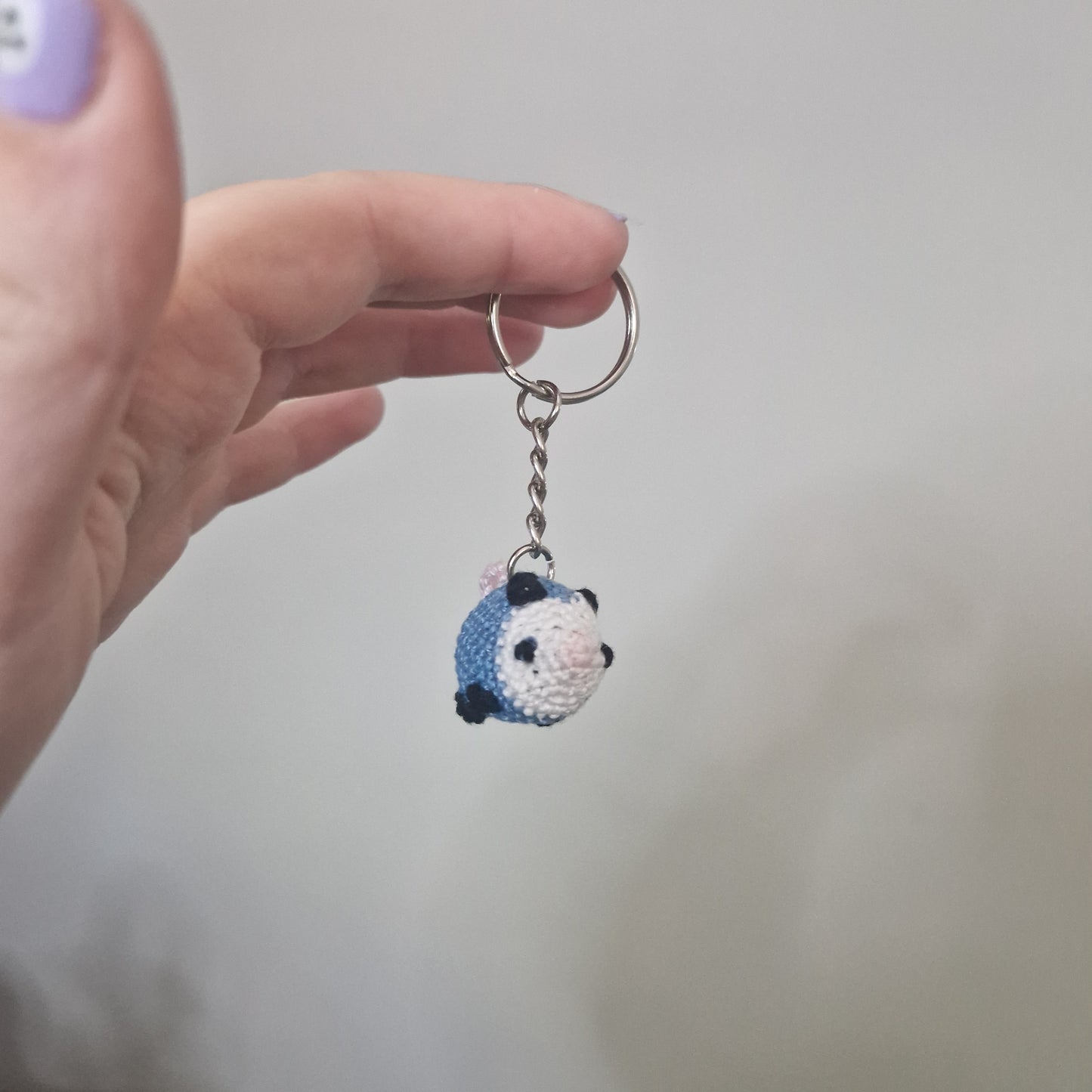 Blue opossum lace yarn micro crochet keyring