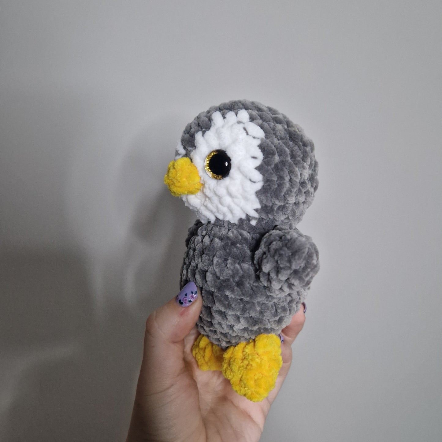 White and grey penguin crochet plushie