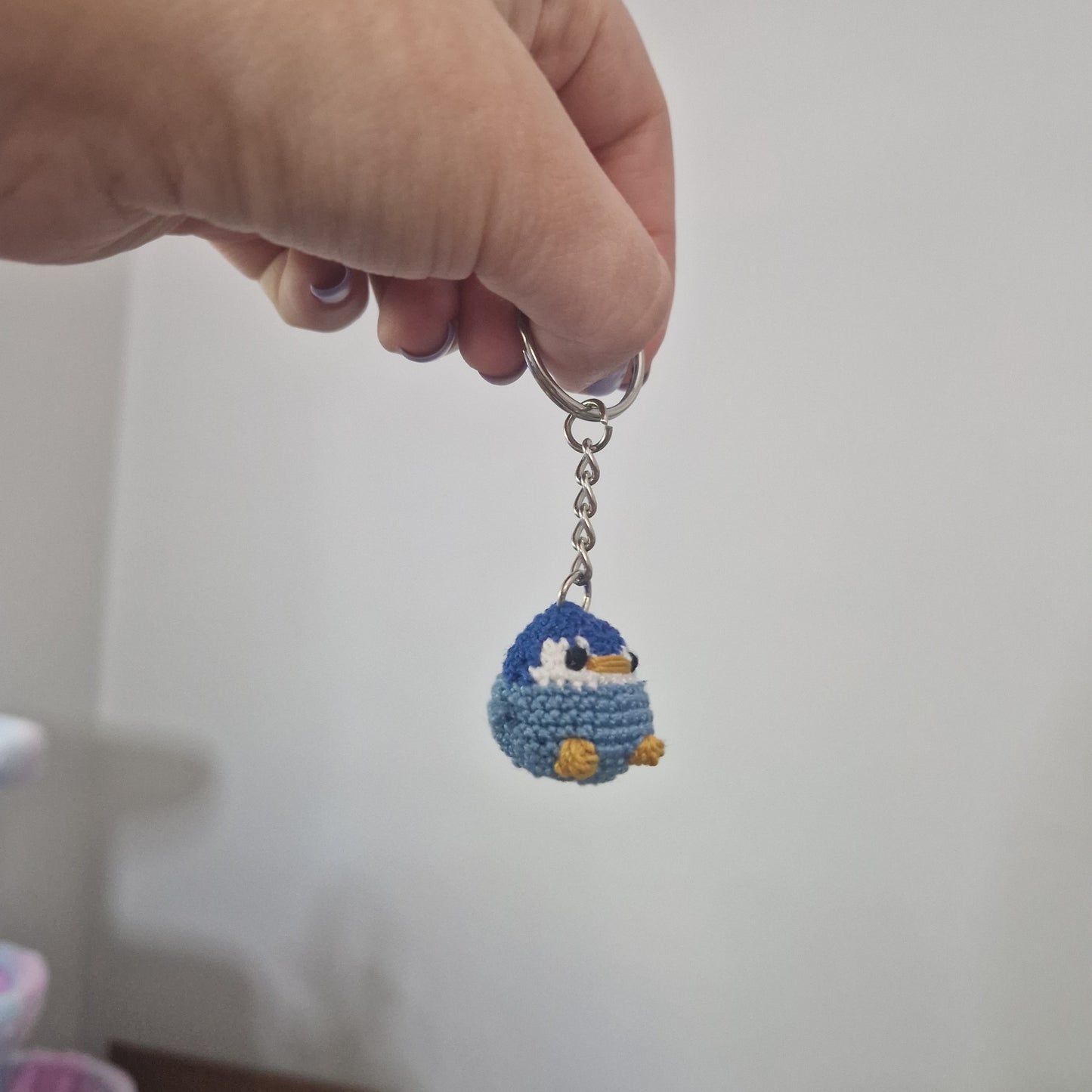 Blue Baby Penguin lace yarn micro crochet keyring