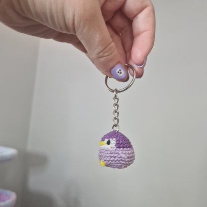 Purple Baby Penguin lace yarn micro crochet keyring