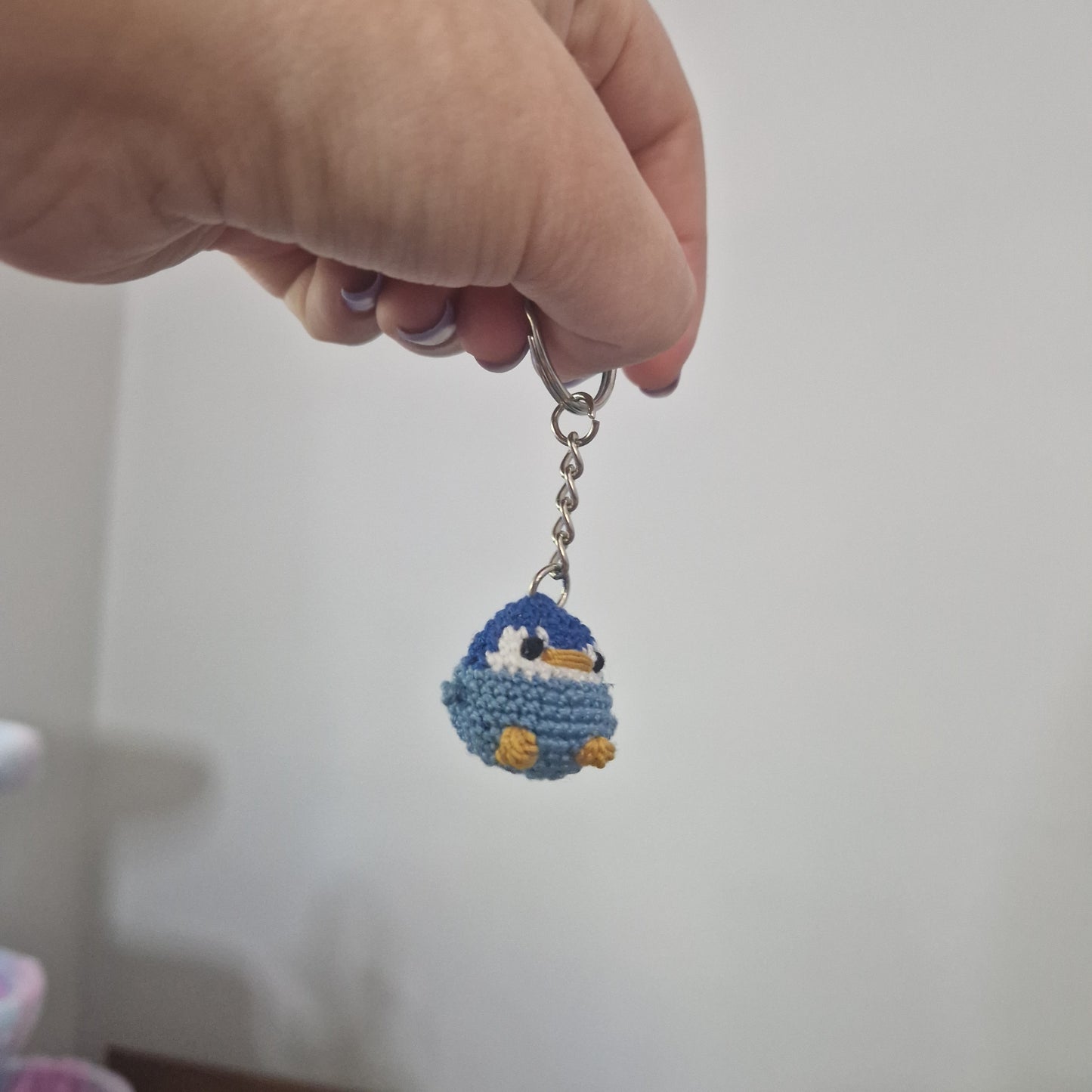 Blue Baby Penguin lace yarn micro crochet keyring