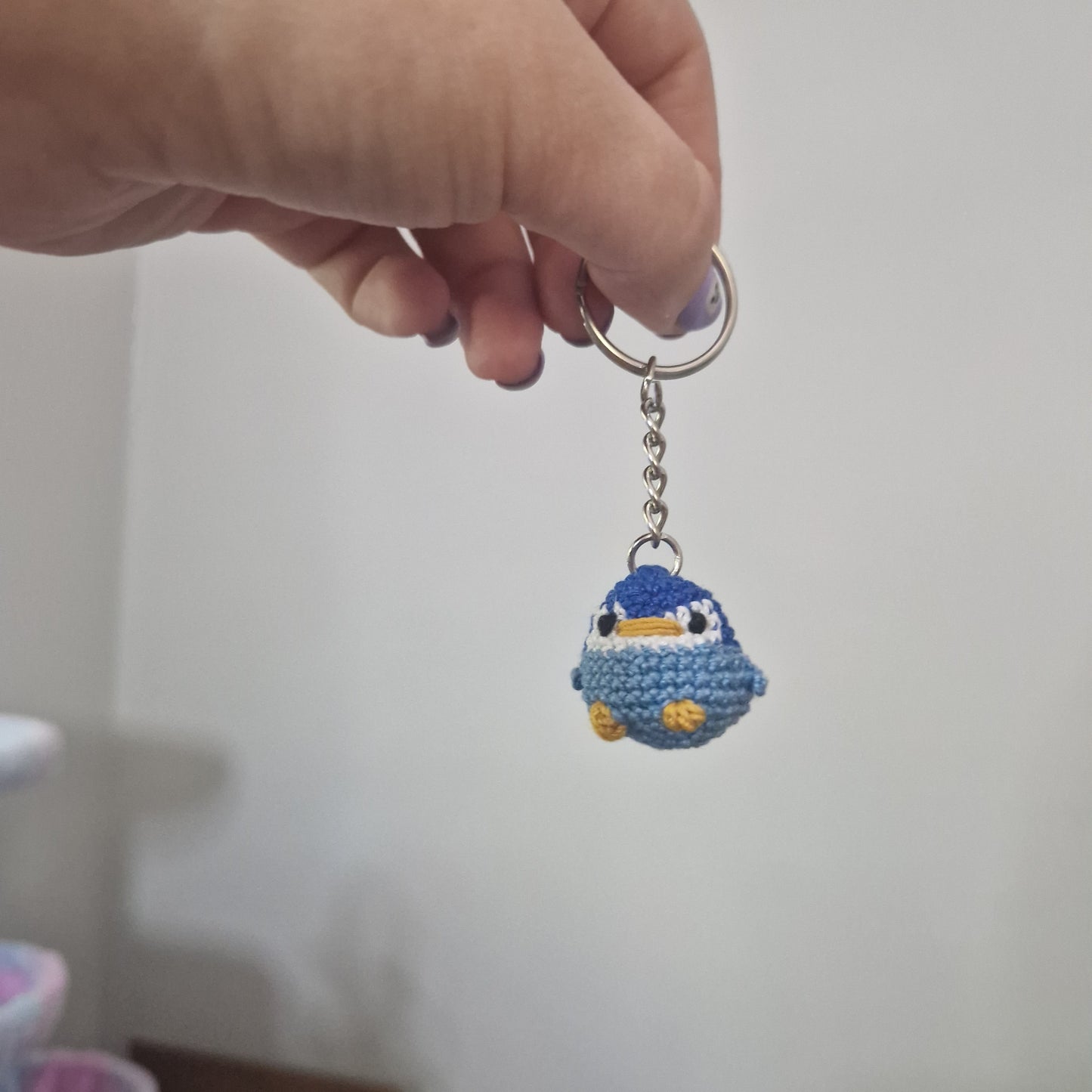 Blue Baby Penguin lace yarn micro crochet keyring