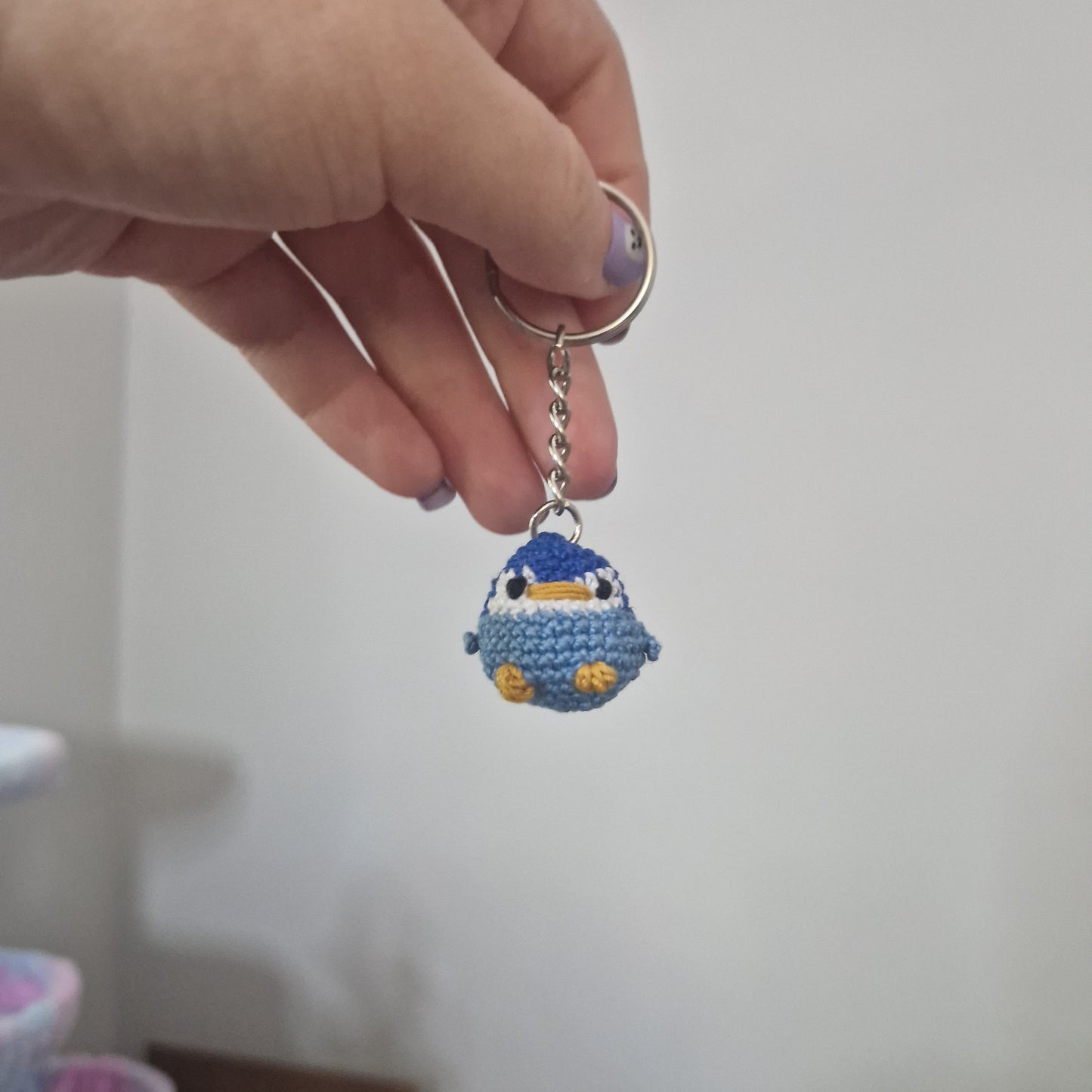 Blue Baby Penguin lace yarn micro crochet keyring
