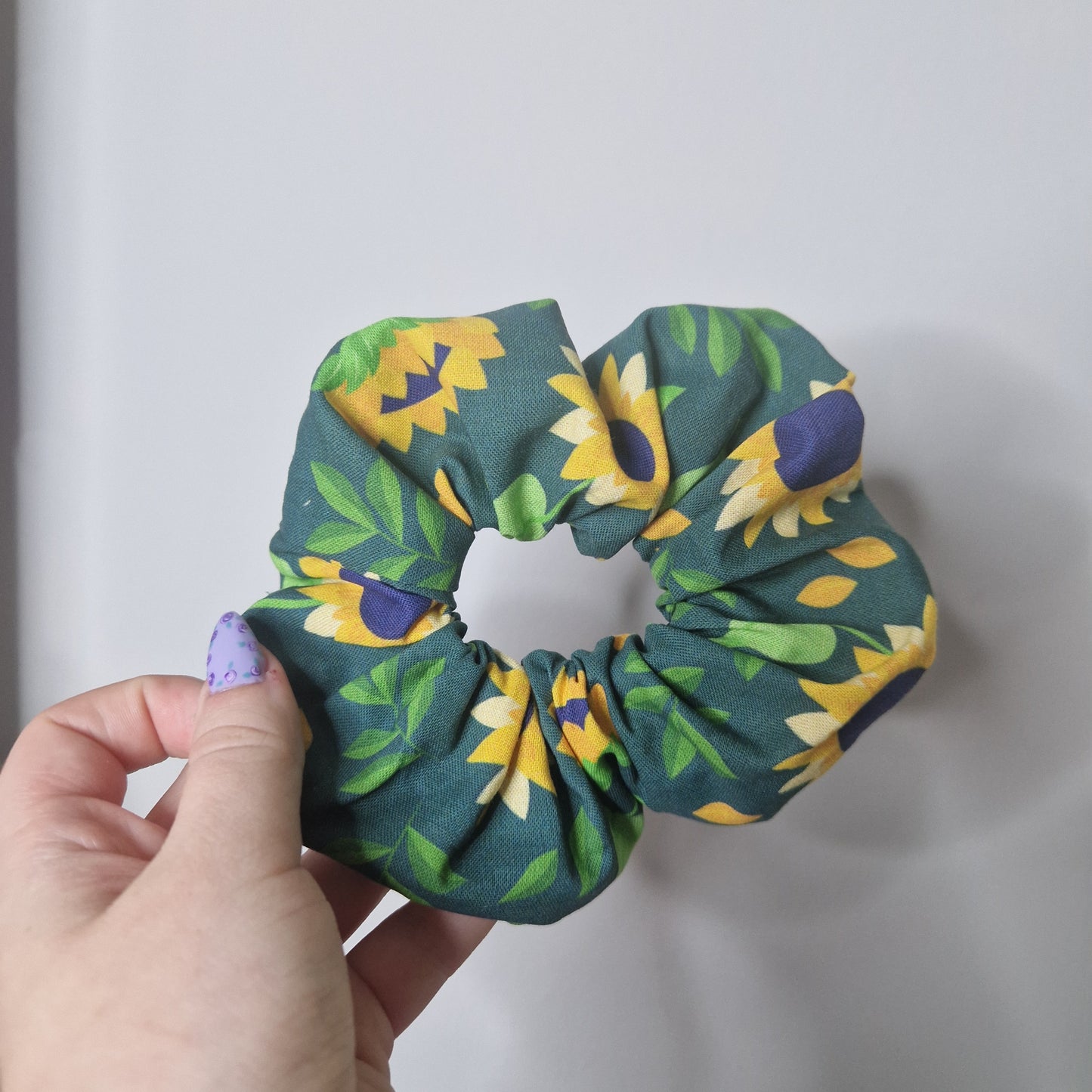 Green sunflower cotton hair scrunchie
