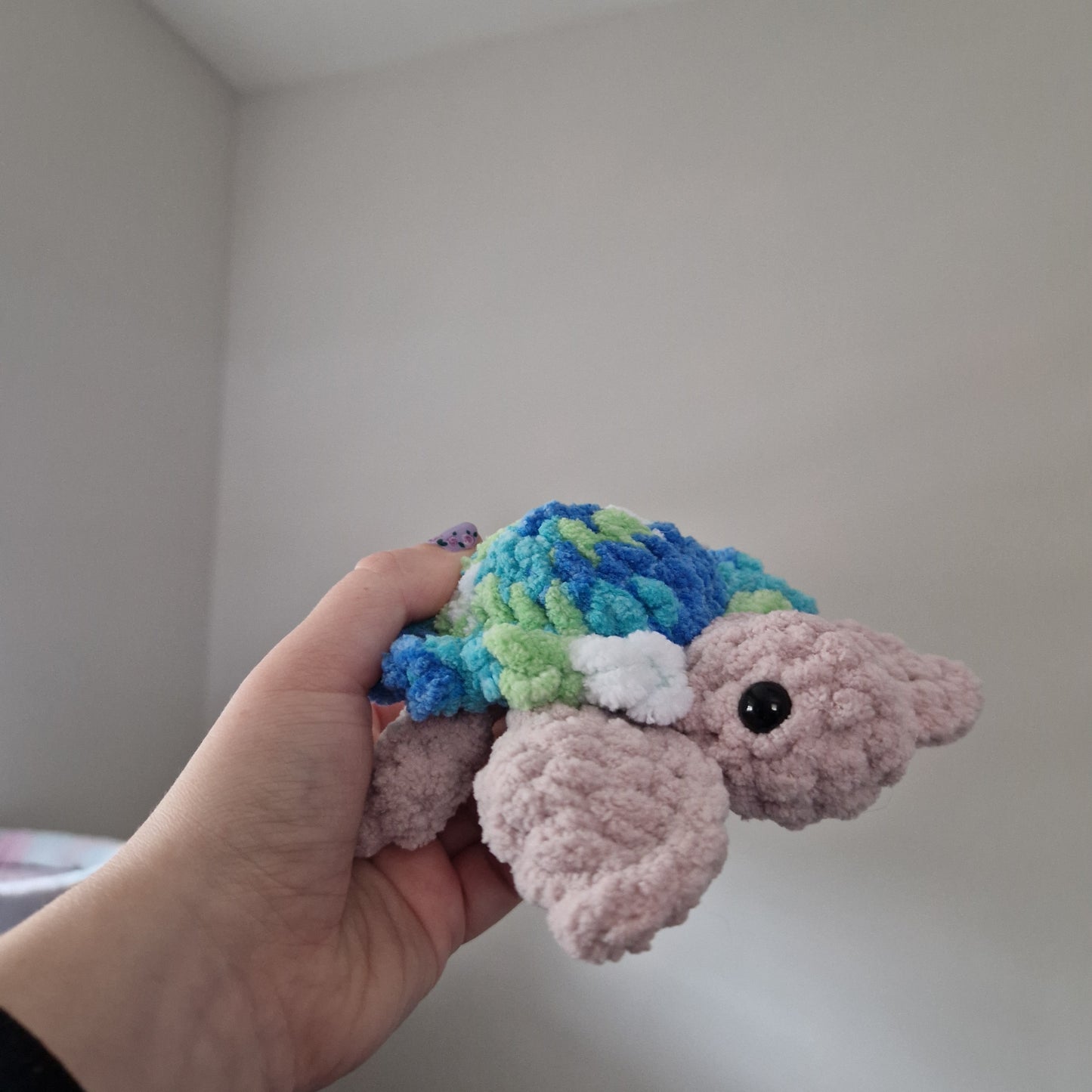 Green, blue variegated sea turtle small crochet plushie