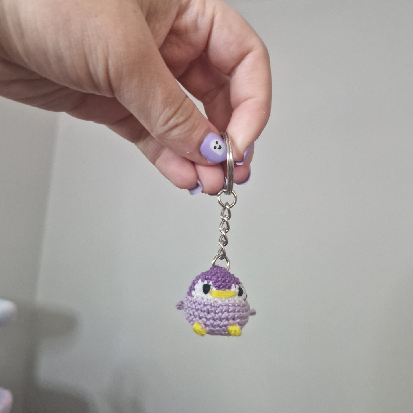 Purple Baby Penguin lace yarn micro crochet keyring