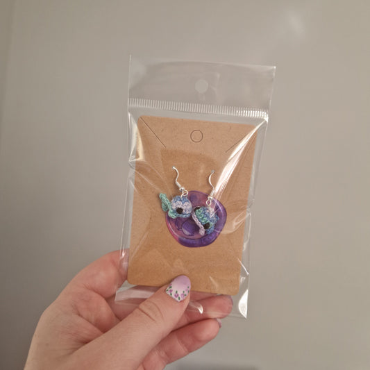 Mini whale crochet earrings blue variegated