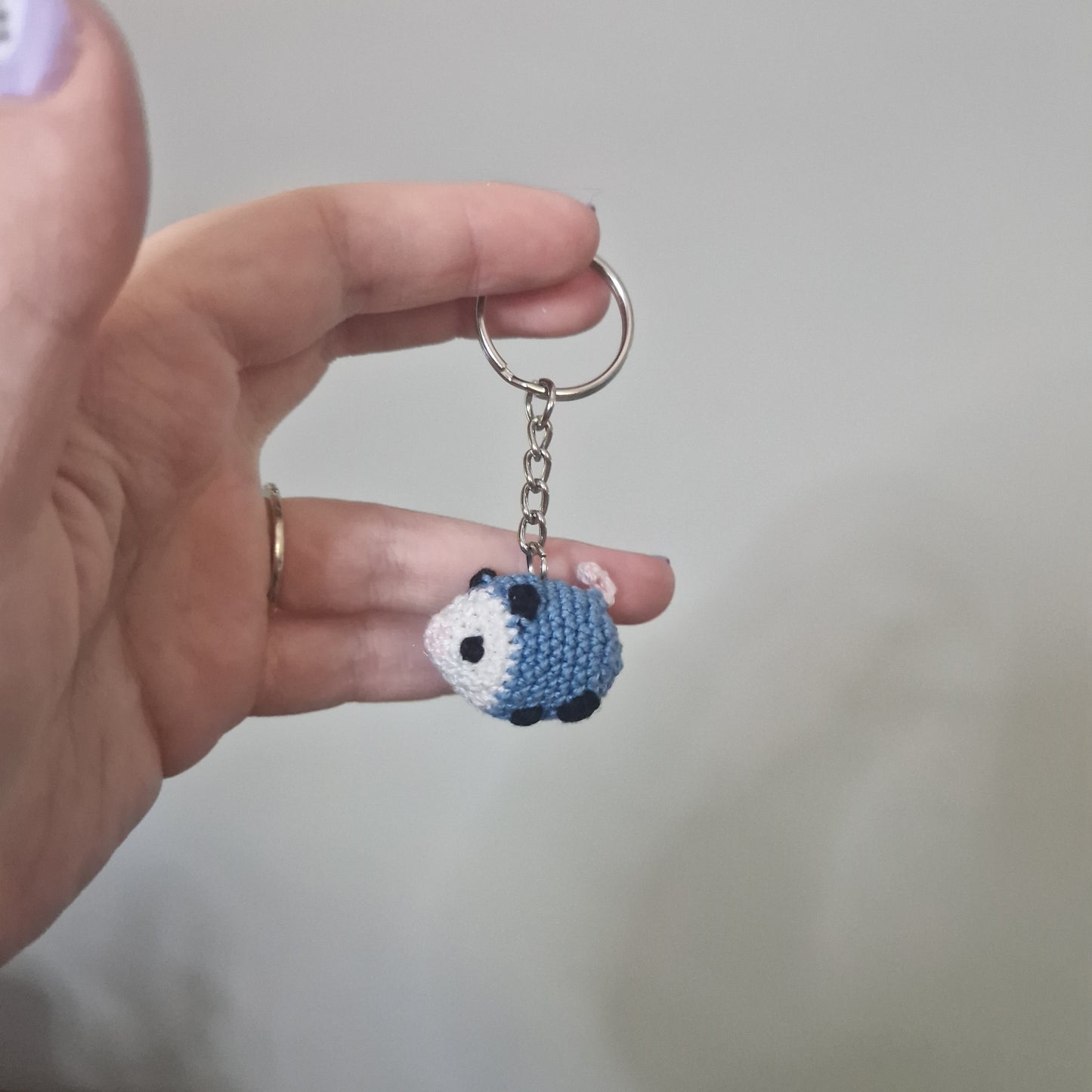 Blue opossum lace yarn micro crochet keyring