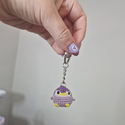 Purple Baby Penguin lace yarn micro crochet keyring