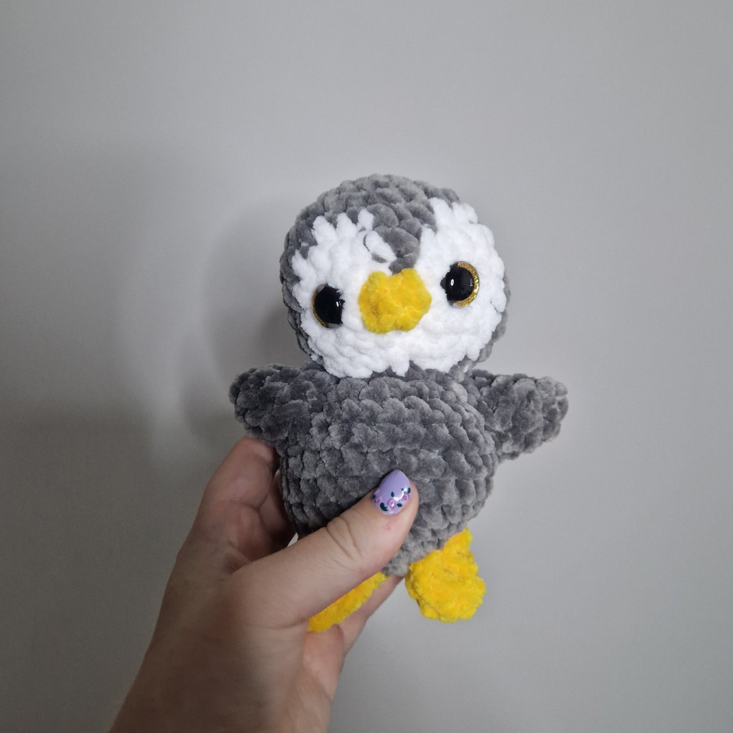 White and grey penguin crochet plushie
