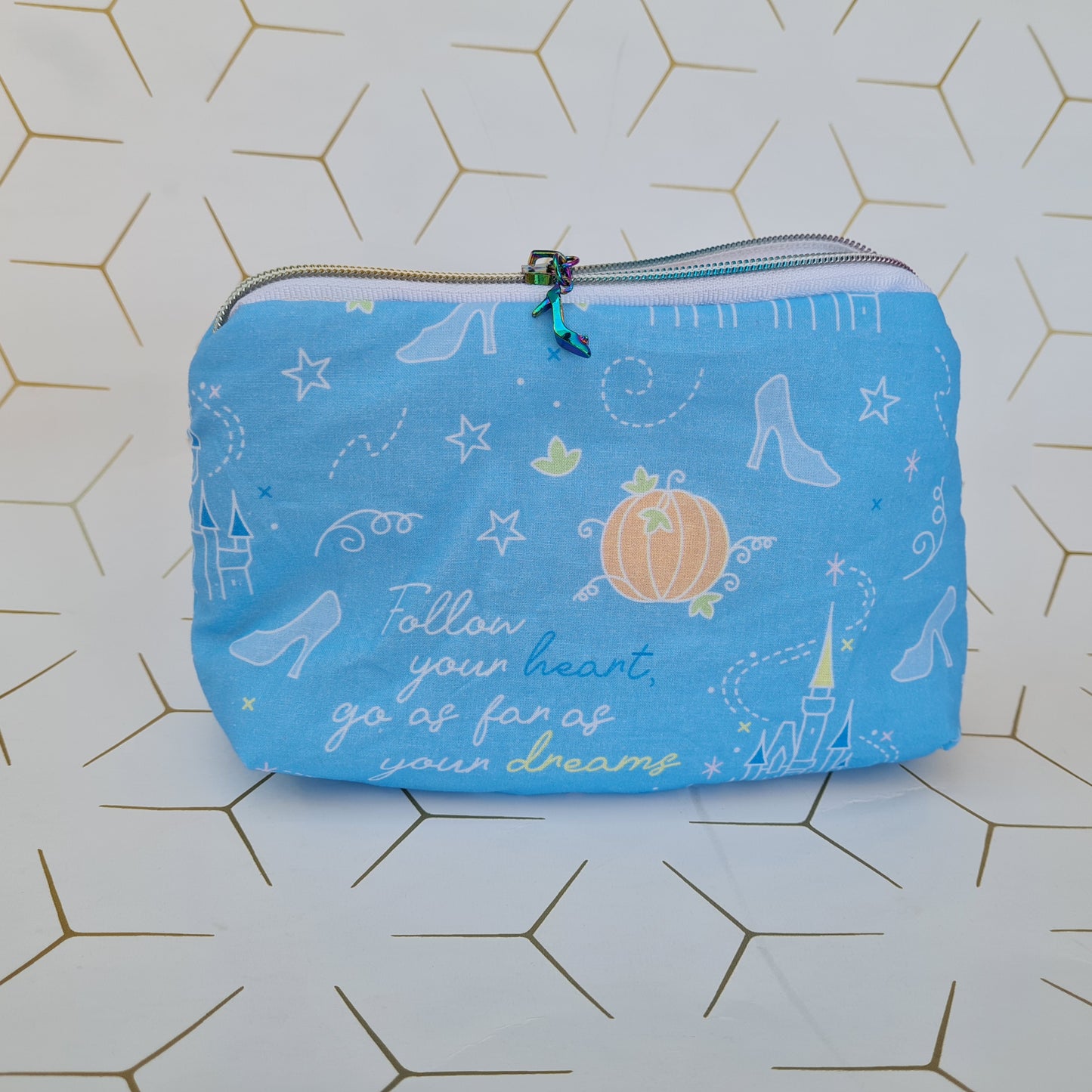 Blue Shoe pull Follow your heart lined triangle cosmetic bag with zipper