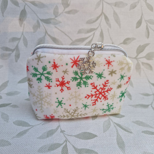 Mini velvet red, green, white snowflake lined triangle cosmetic bag with zipper